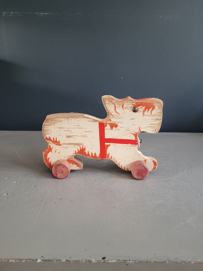 Jouet chien à tirer ancien en bois peint - Ref 906