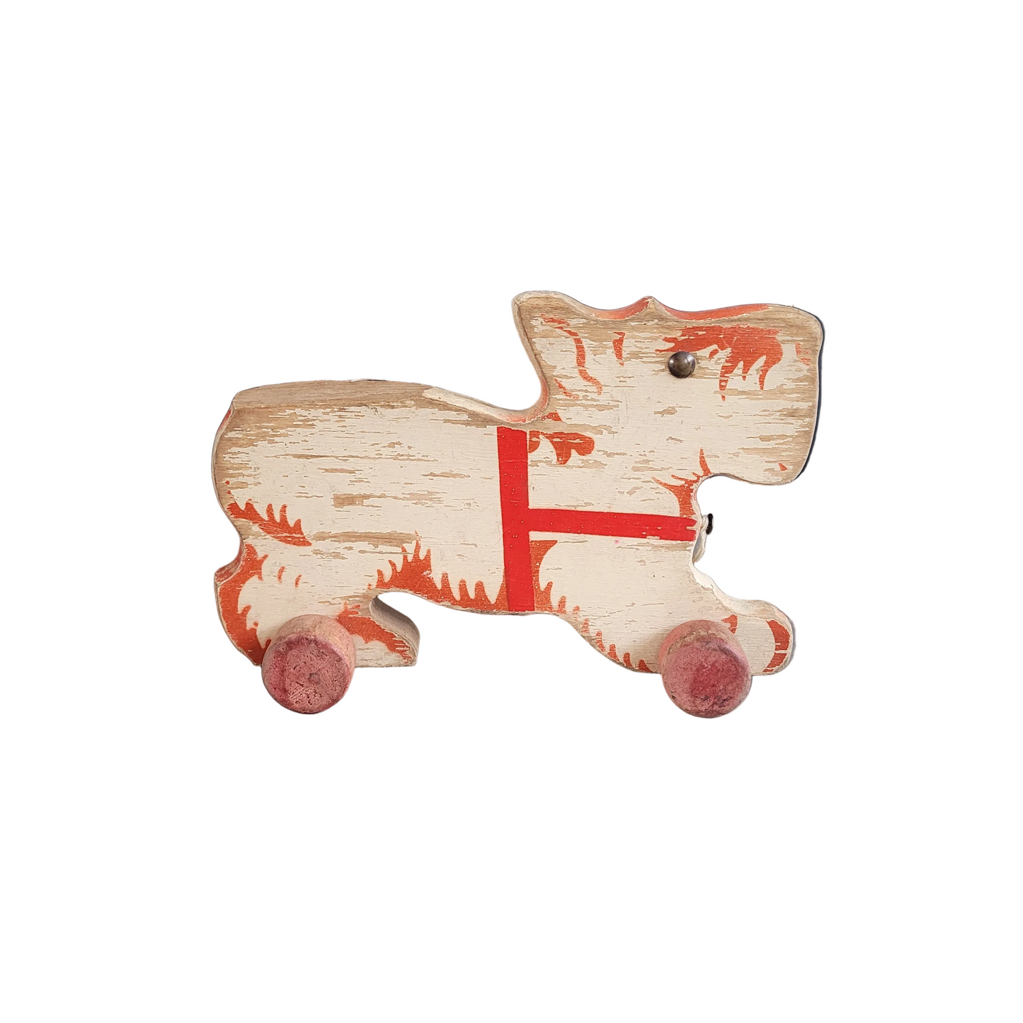 Jouet chien à tirer ancien en bois peint - Ref 906