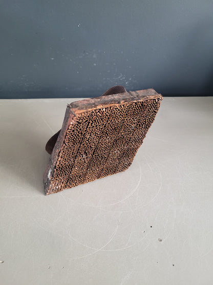 Ancien bloc d'impression en cuivre - Tampon textile motif losanges - Ref 846